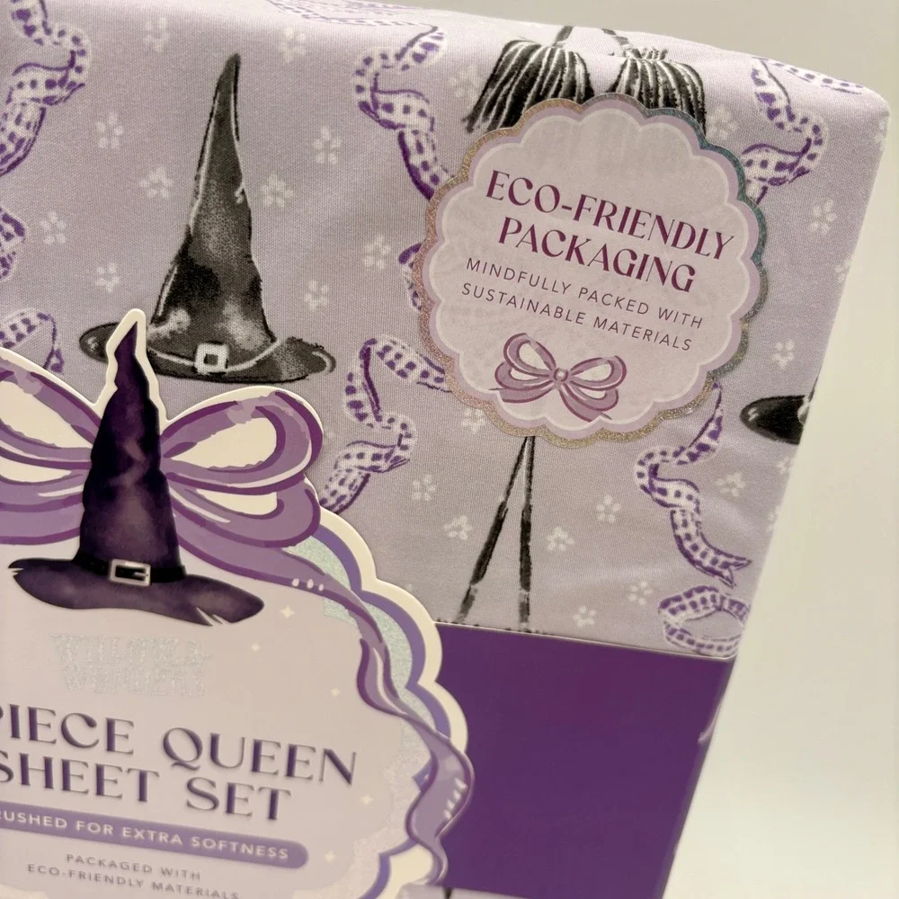 Willow Wonders Queen Sheet Set 4pc Lavender Witch Hat Broom Halloween Bedding
